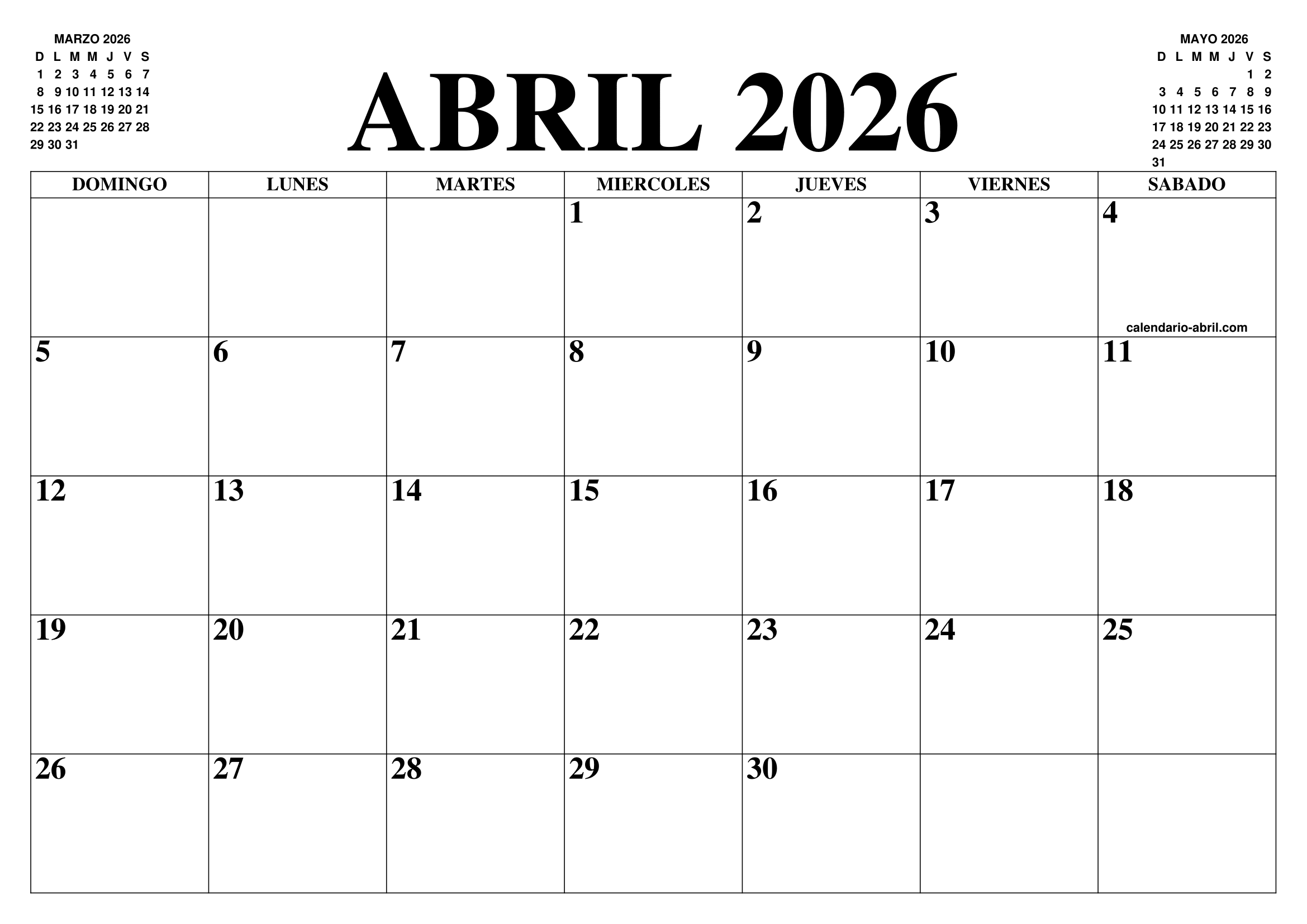 CALENDARIO ABRIL 2026 EL CALENDARIO ABRIL PARA IMPRIMIR GRATIS MES