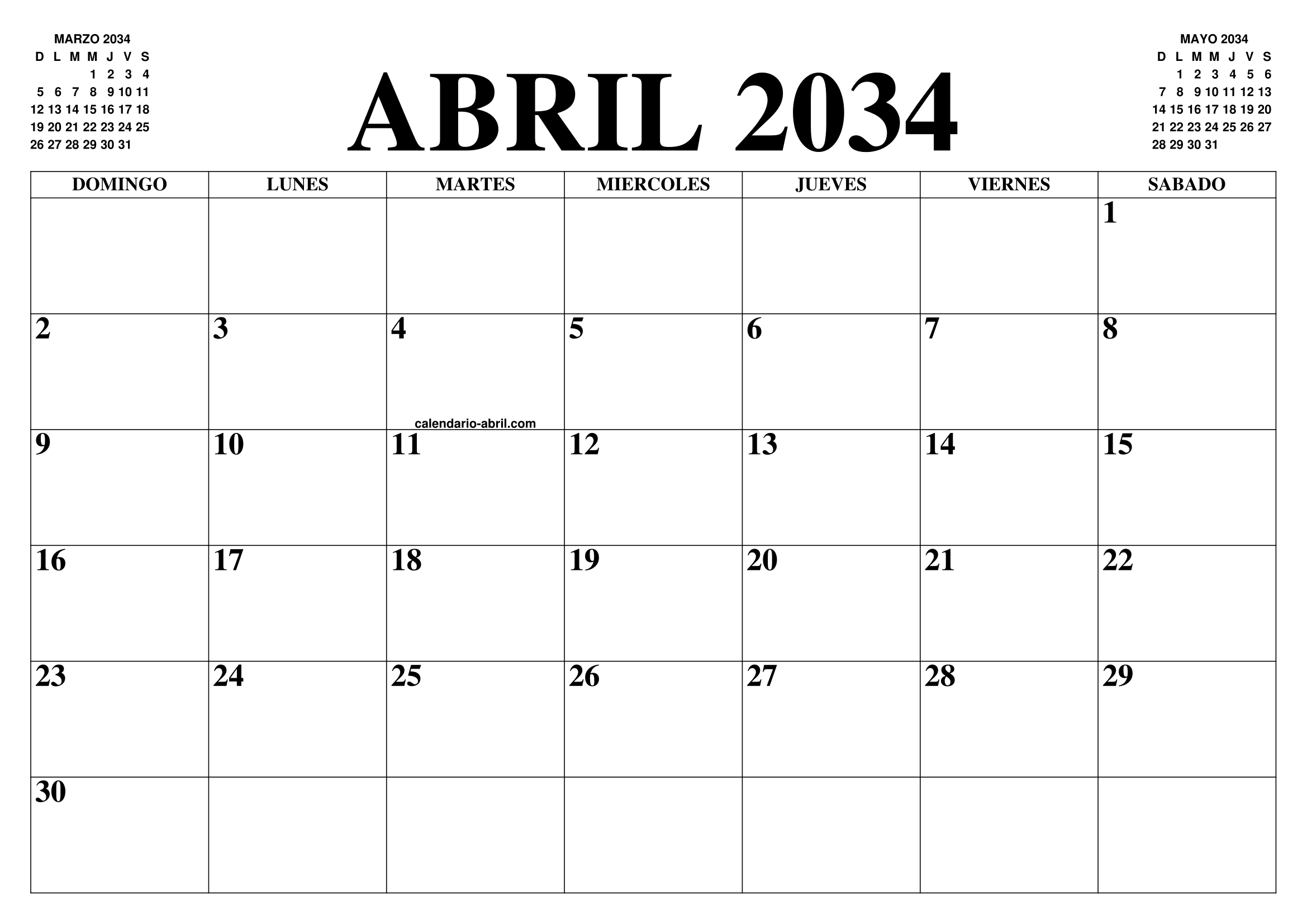 Calendario Abril 2034 El Calendario Abril Para Imprimir Gratis Mes